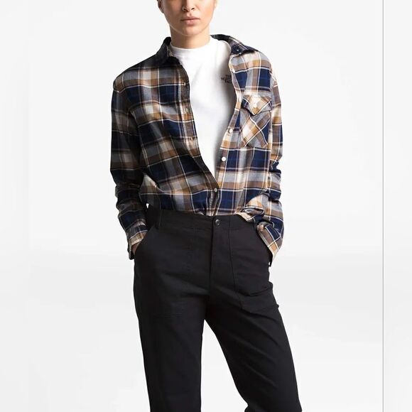 The North Face Boyfriend Plaid Button Front Long Sleeve Shirt sz LG EUC - Picture 1 of 15